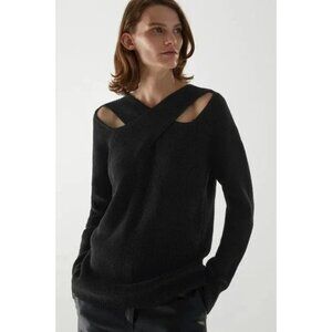 COS Chunky Black Crisscross Cut Out Ribbed Knit Cotton Pullover Sweater XS, NWT
